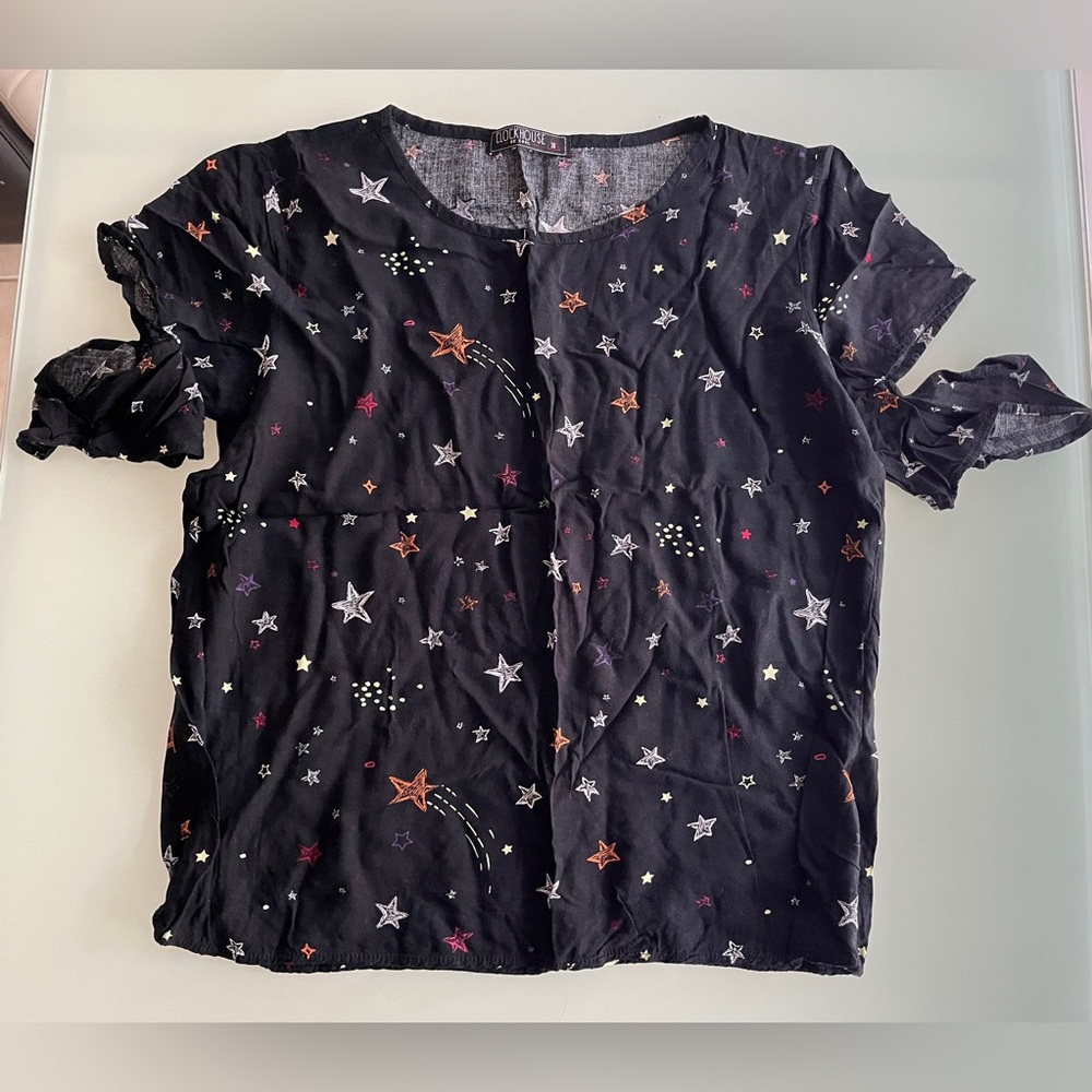 Clockhouse Women’s Sz Medium Black Stars Print Top Blouse